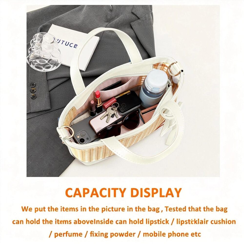 3842 Beach Bag, Bamboo Openwork Straw Bag Stitched Leather, With Adjustable - Picture 6 of 9
